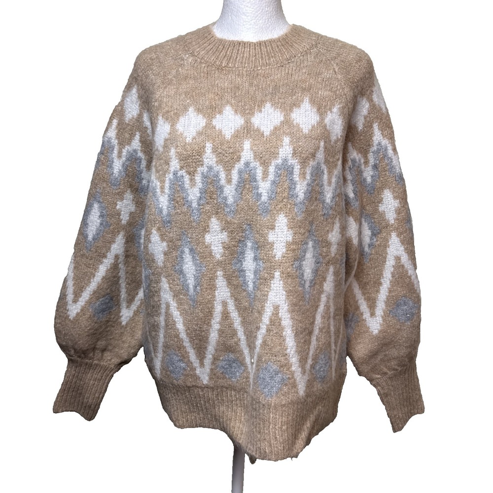 NWT A New Day Camel Tan Fair Isle Diamond Balloon Sleeve Knit Sweater XS Target